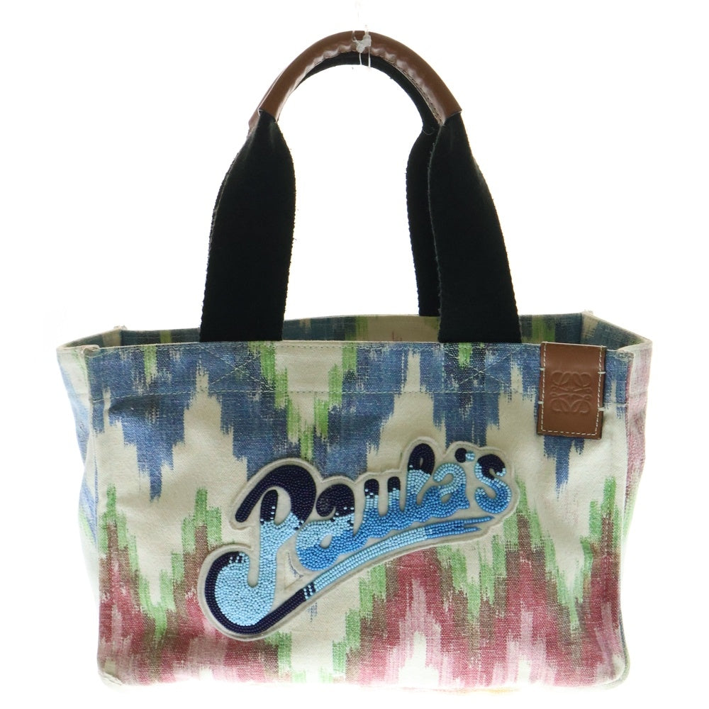 LOEWE(ロエベ) パウラズイビザ ビーチ カバス アナグラムロゴ レザーパッチ キャンバス ビーズ刺? トートバッグ ブルー/アイボリー