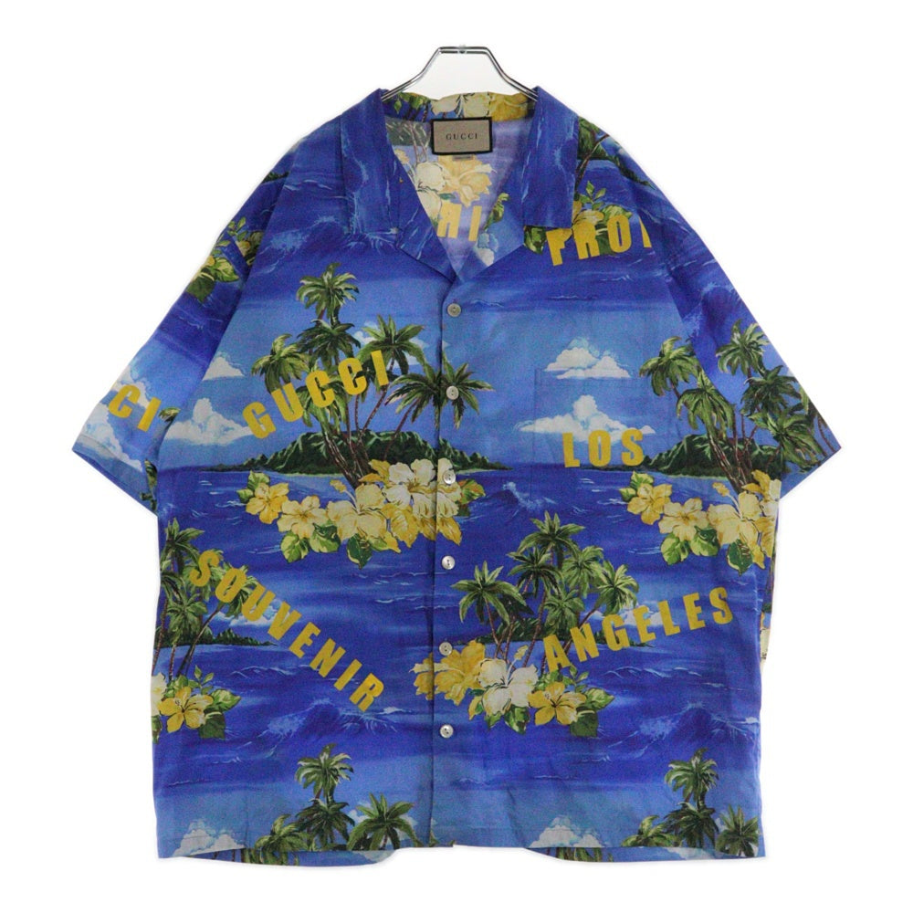 GUCCI(グッチ) 22AW Printed Poplin Bowling Shirt ロゴ ハワイアン プリント 総柄 ポプリン ボウリング オープンカラー 半袖 アロハ シャツ ブルー/イエロー 694124