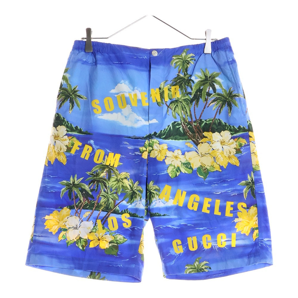 GUCCI(グッチ) 22AW Printed Poplin Short Pants ロゴ ハワイアン プリント 総柄 ポプリン ウエストゴム ハーフ ショートパンツ ショーツ ブルー/イエロー