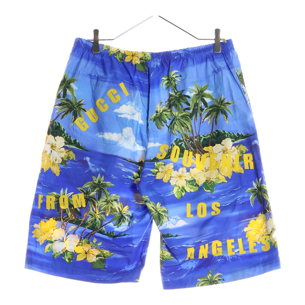 GUCCI(グッチ) 22AW Printed Poplin Short Pants ロゴ ハワイアン プリント 総柄 ポプリン ウエストゴム ハーフ ショートパンツ ショーツ ブルー/イエロー