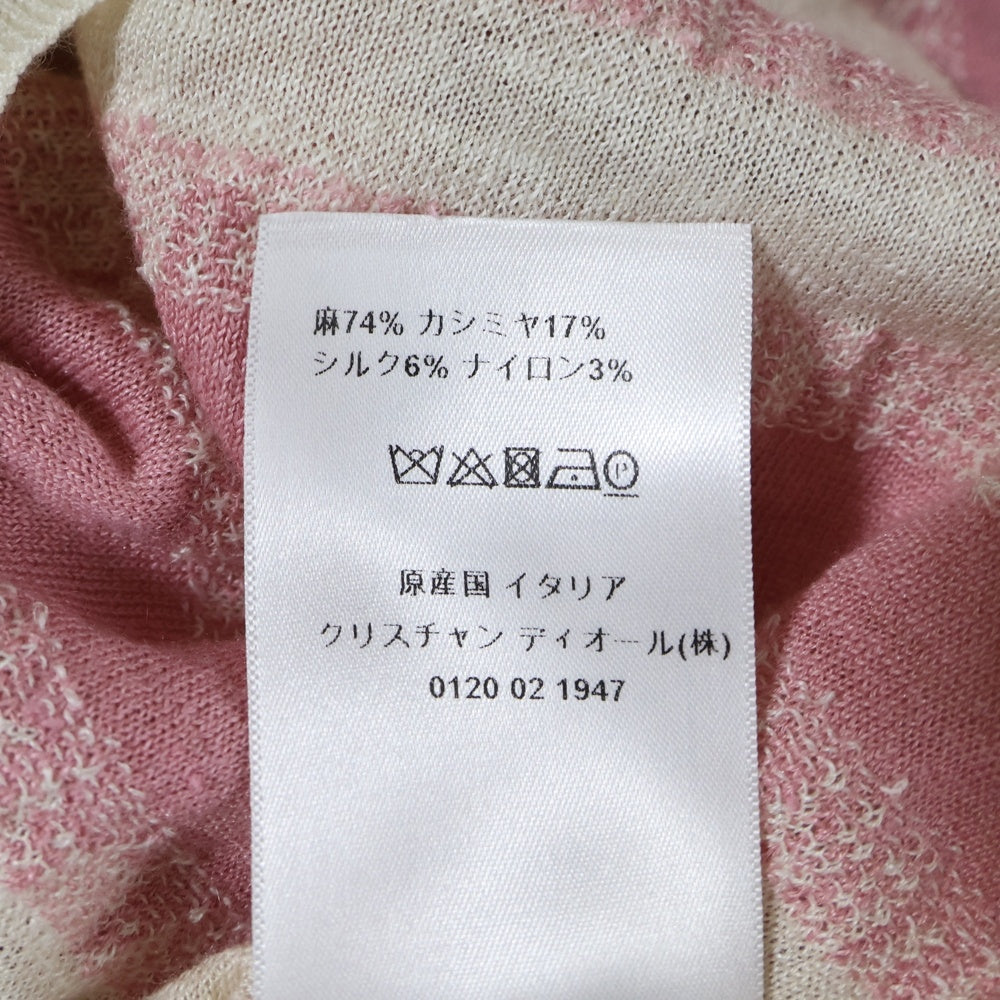 Christian Dior(クリスチャンディオール) BEE CD ロゴ 刺繍 ボーダー総柄 クルーネック 半袖ニット カットソー ピンク/ホワイト レディース 124S02AM760