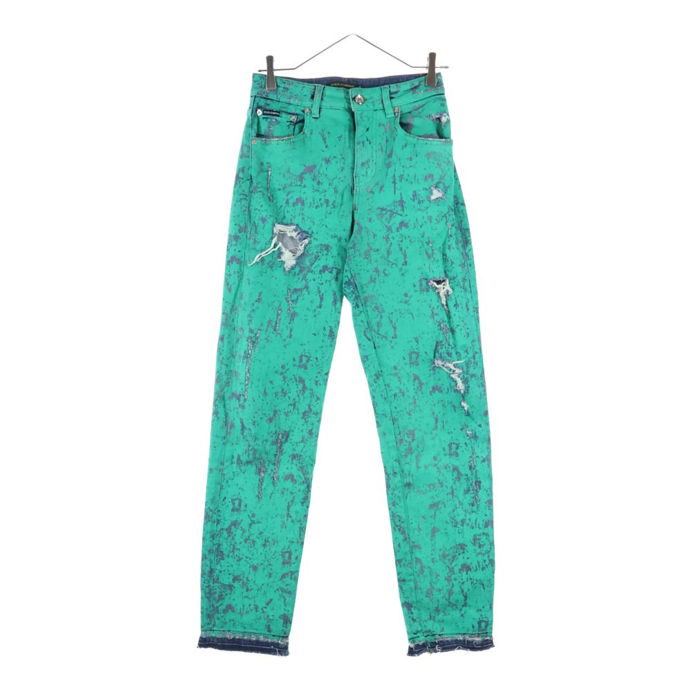 DOLCE & GABBANA(ドルチェアンドガッバーナ) ロゴプレート ダメージ加工 コーティング テーパード デニムパンツ ジーンズ グリーン/インディゴ FTAIAD/G8E7 I