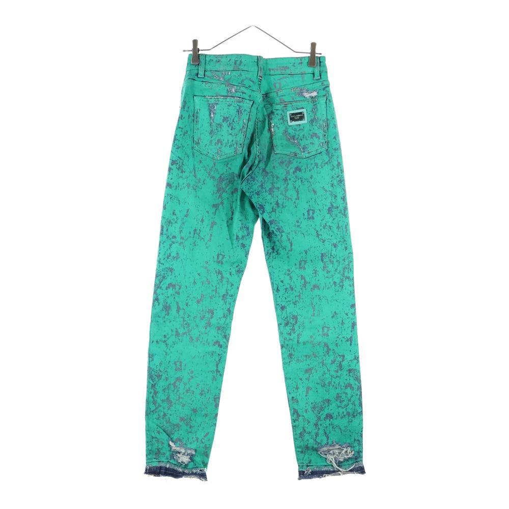 DOLCE & GABBANA(ドルチェアンドガッバーナ) ロゴプレート ダメージ加工 コーティング テーパード デニムパンツ ジーンズ グリーン/インディゴ FTAIAD/G8E7 I