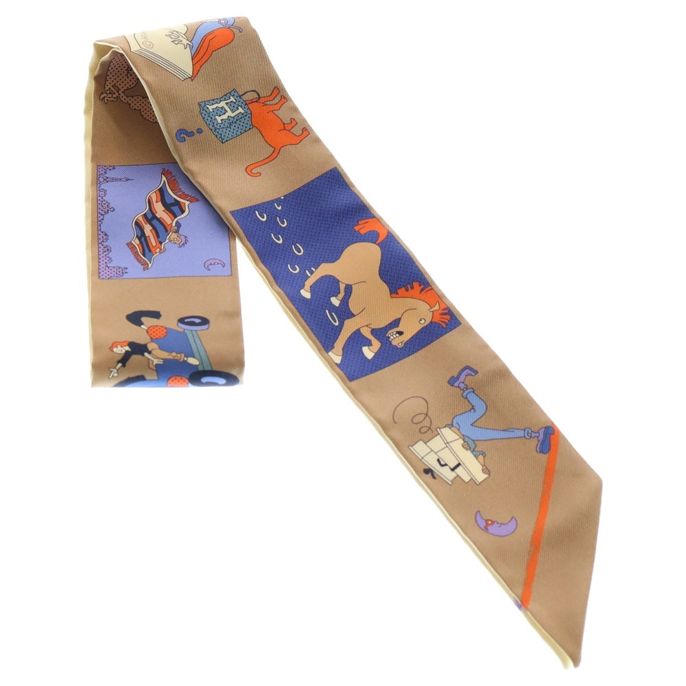 HERMES(エルメス) ツイリー さあ色鉛筆を出して！カレ・リブレ シルクスカーフ ブラウン×ベージュ