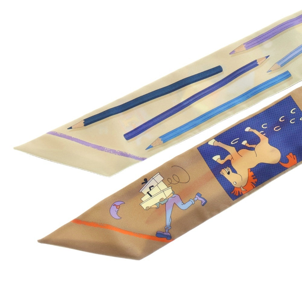 HERMES(エルメス) ツイリー さあ色鉛筆を出して！カレ・リブレ シルクスカーフ ブラウン×ベージュ