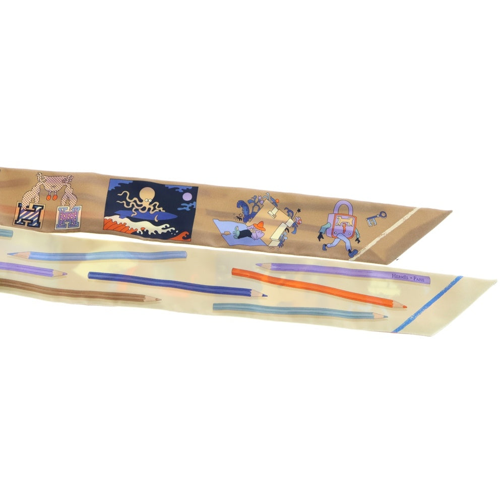 HERMES(エルメス) ツイリー さあ色鉛筆を出して！カレ・リブレ シルクスカーフ ブラウン×ベージュ