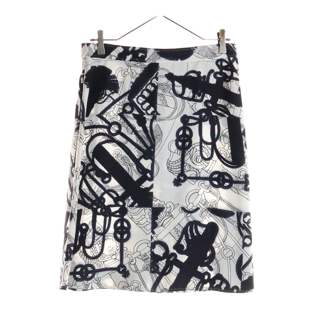 HERMES(エルメス) 22SS ツイルレーヌ ホースビット シルク 総柄プリント プリーツ ミディアムスカート ホワイト/ブラック レディース 2E0305DW