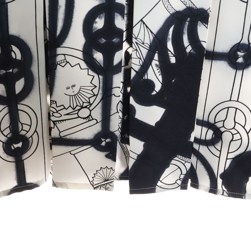 HERMES(エルメス) 22SS ツイルレーヌ ホースビット シルク 総柄プリント プリーツ ミディアムスカート ホワイト/ブラック レディース 2E0305DW