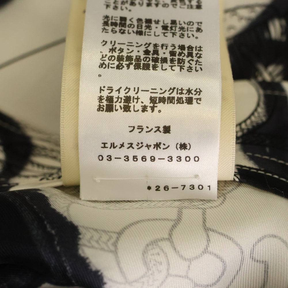 HERMES(エルメス) 22SS ツイルレーヌ ホースビット シルク 総柄プリント プリーツ ミディアムスカート ホワイト/ブラック レディース 2E0305DW