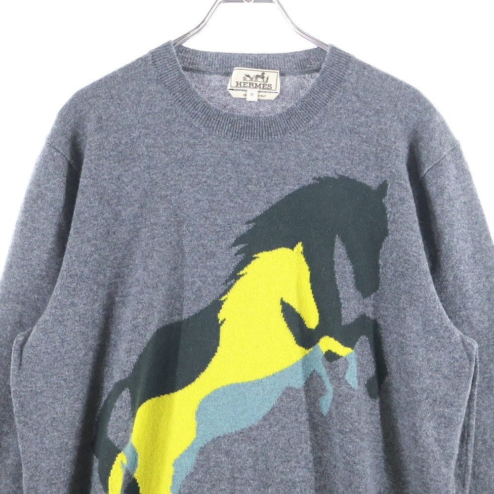 HERMES(エルメス) Chess and Shadow チェス アンド シャドウ 馬 ジャガード カシミヤ クルーネック プルオーバー 長袖ニット セーター グレー