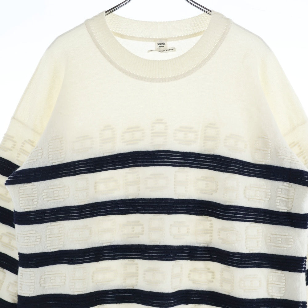 HERMES(エルメス) シェーヌ総柄コットン混カシミヤ7分丈ニットセーター アイボリー 3E2624D