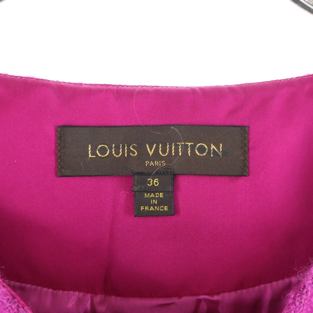 LOUIS VUITTON(ルイヴィトン) 06AW モノグラム ゴールドボタン モヘア混 ウールツイード ノーカラー ショート クロップド ジャケット ピンク レディース RW062A WJJA19WPP