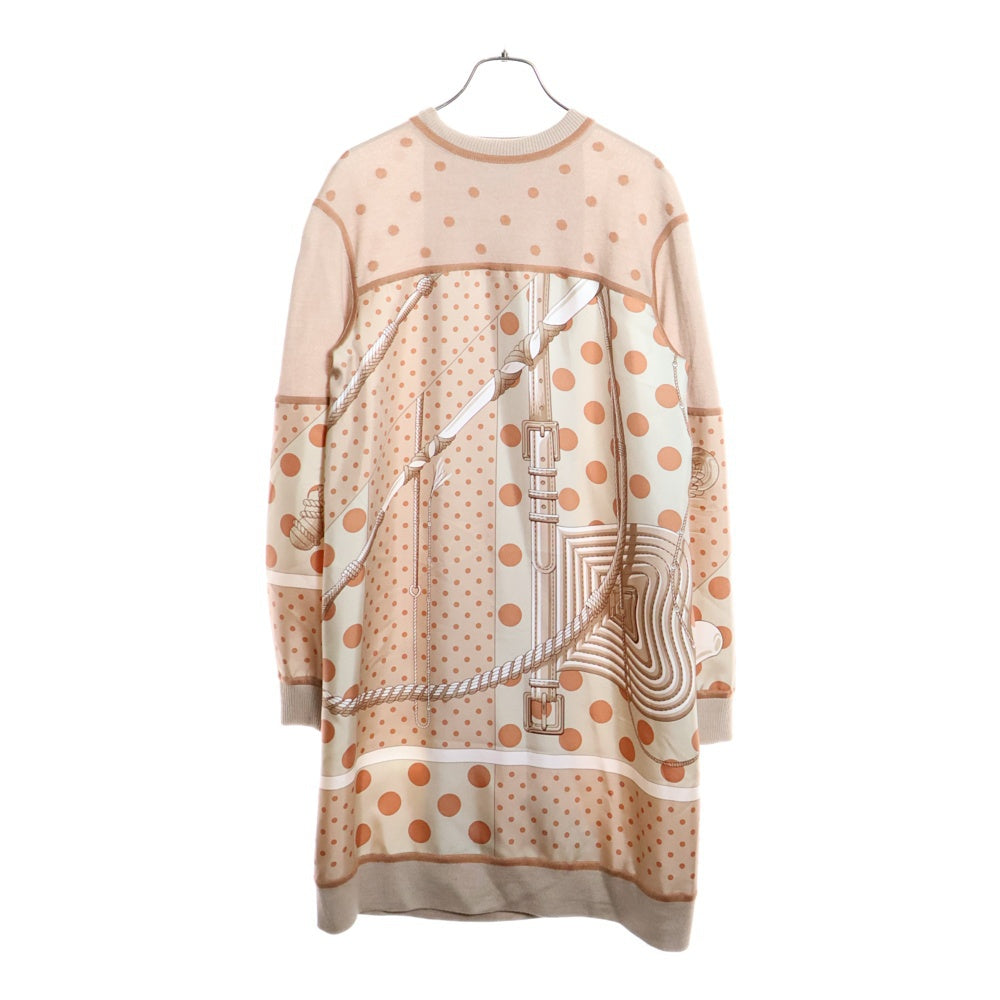 HERMES(エルメス) ツイルレーヌ ドット柄シルクスカーフ切り替え カシミヤ クルーネック 長袖ニット ワンピース ベージュ レディース
