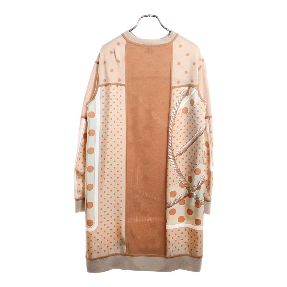 HERMES(エルメス) ツイルレーヌ ドット柄シルクスカーフ切り替え カシミヤ クルーネック 長袖ニット ワンピース ベージュ レディース