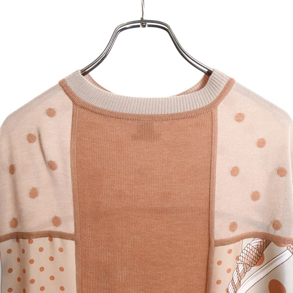 HERMES(エルメス) ツイルレーヌ ドット柄シルクスカーフ切り替え カシミヤ クルーネック 長袖ニット ワンピース ベージュ レディース