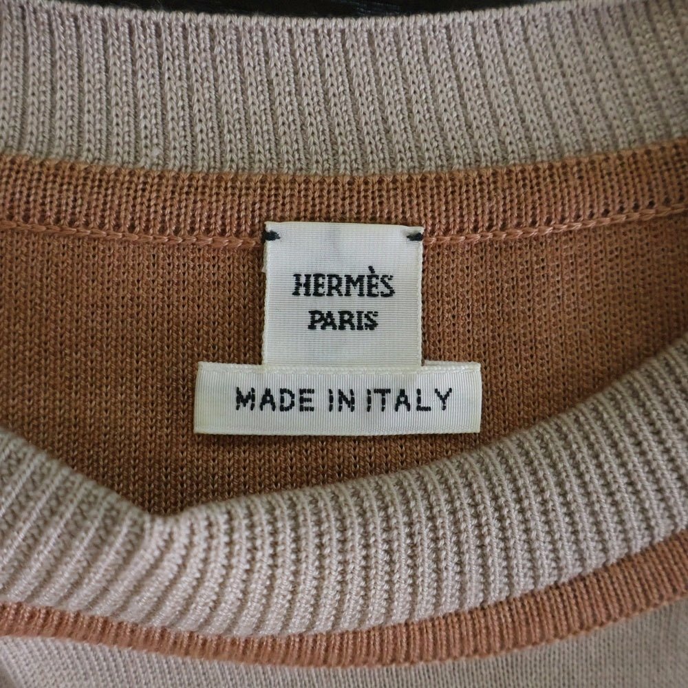 HERMES(エルメス) ツイルレーヌ ドット柄シルクスカーフ切り替え カシミヤ クルーネック 長袖ニット ワンピース ベージュ レディース