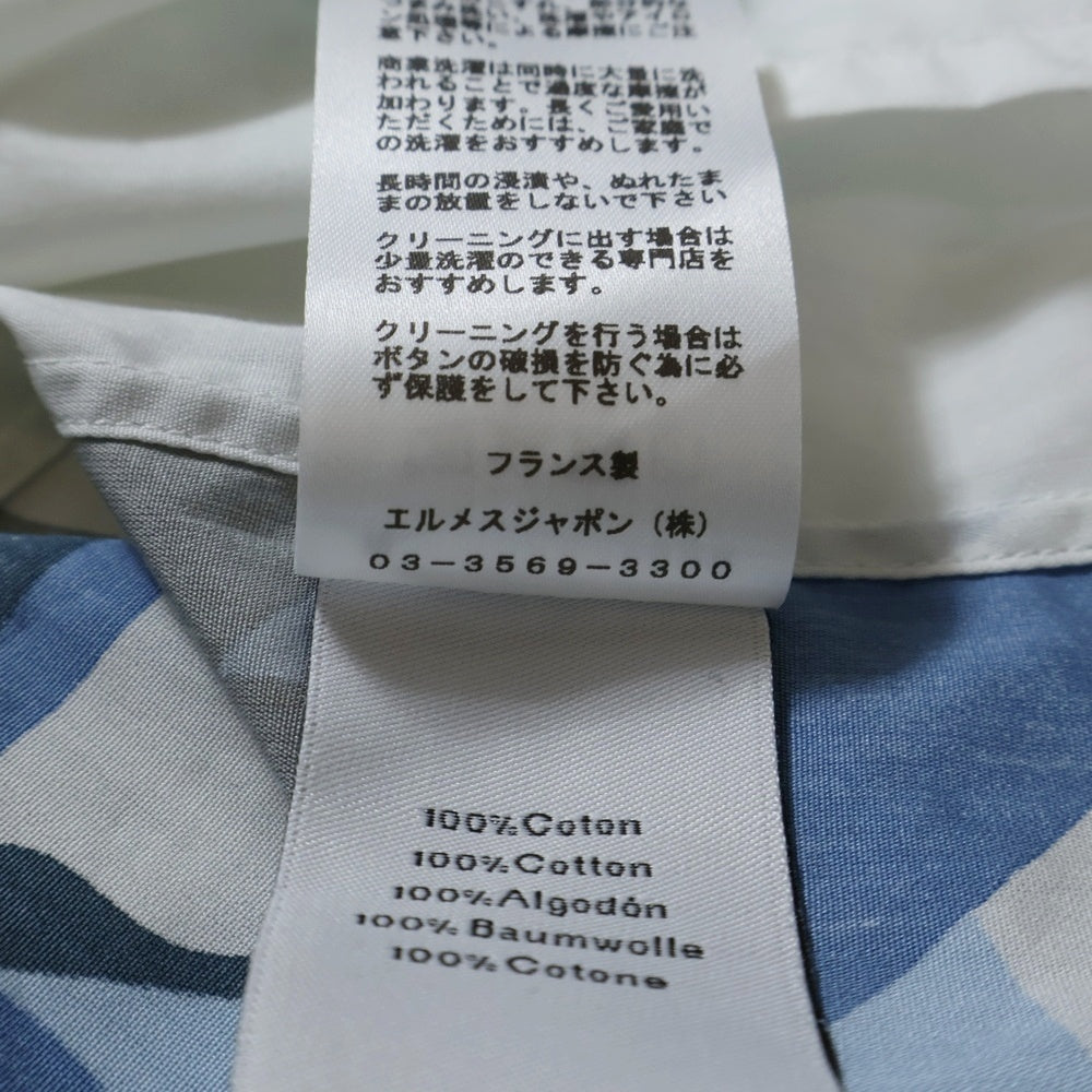 HERMES(エルメス) 23SS セリエボタン ホースカモフラ総柄シルク長袖シャツ ブルー/ホワイト