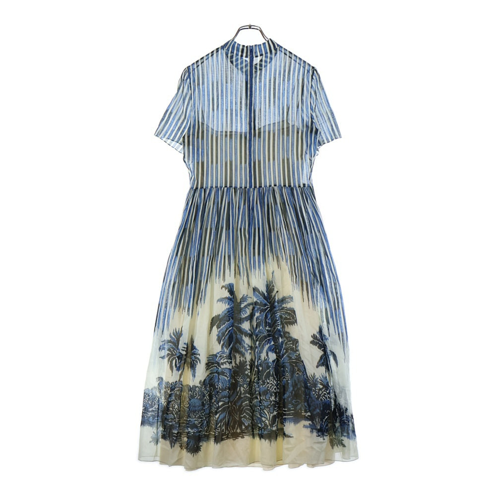 Christian Dior(クリスチャンディオール) 21SS ストライプ総柄 コットン シースルー スタンドカラー 半袖 ミディアム フレア シャツ ワンピース ドレス ブルー/ネイビー レディース 121R43A3659