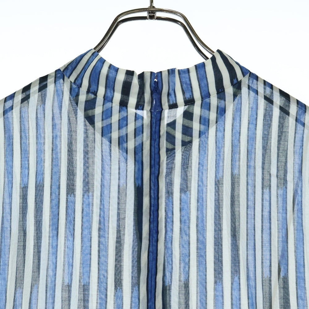 Christian Dior(クリスチャンディオール) 21SS ストライプ総柄 コットン シースルー スタンドカラー 半袖 ミディアム フレア シャツ ワンピース ドレス ブルー/ネイビー レディース 121R43A3659