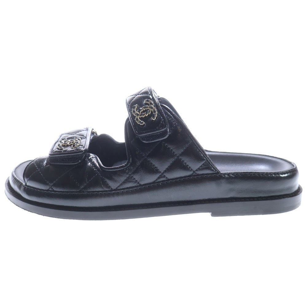 CHANEL(シャネル) ココマーク マトラッセ レザー ベルクロ フラットサンダル シューズ ゴールド金具 ブラック レディース G45507