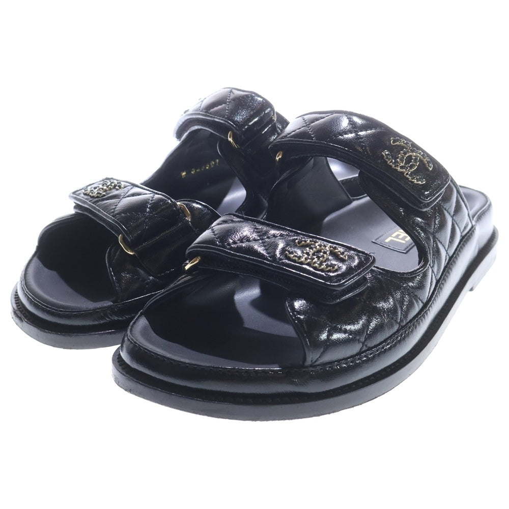 CHANEL(シャネル) ココマーク マトラッセ レザー ベルクロ フラットサンダル シューズ ゴールド金具 ブラック レディース G45507