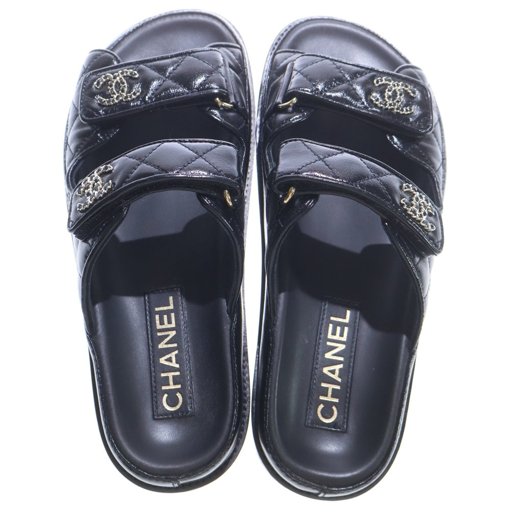 CHANEL(シャネル) ココマーク マトラッセ レザー ベルクロ フラットサンダル シューズ ゴールド金具 ブラック レディース G45507