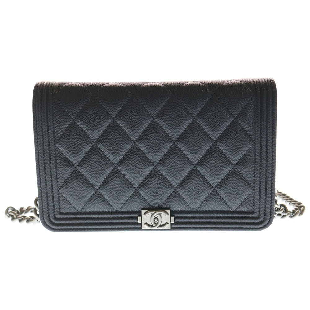 CHANEL(シャネル) ボーイシャネル マトラッセ ココマーク キャビアスキン レザー チェーン ウォレット ショルダーバッグ シルバー金具 ブラック 29番台 レディース