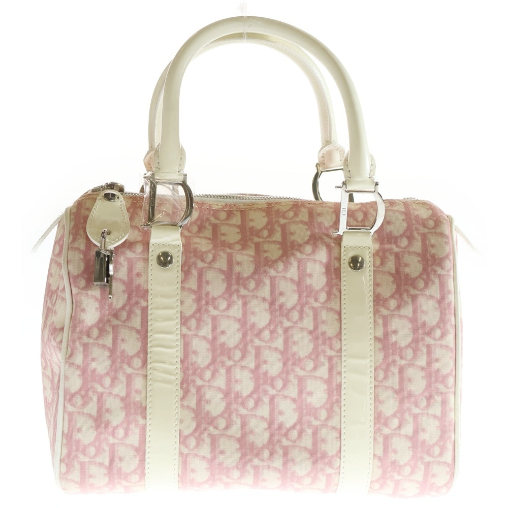 Christian Dior(クリスチャンディオール) トロッター ミニボストンバッグ ハンドバッグ ホワイト×ピンク レザー×コーティングキャンバス シルバー金具 レディース