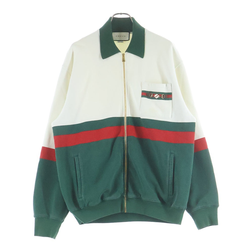 GUCCI(グッチ) GG ホースビットポケット シェリーライン ジップ スウェット ホワイト/グリーン 625402