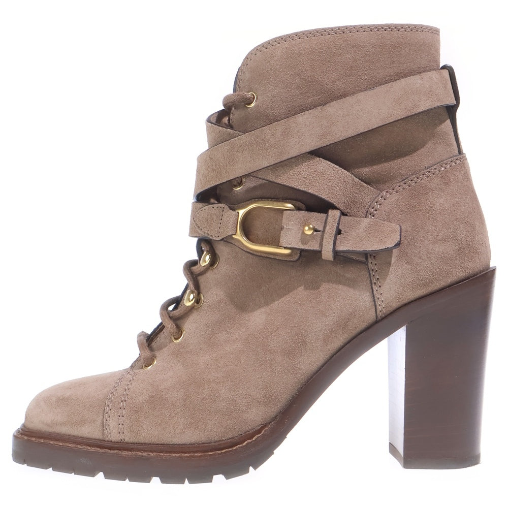 LAUREN RALPH LAUREN(ローレンラルフローレン) スエードレザー ヒール レースアップ サイドジップ ショートブーツ ブラウン レディース