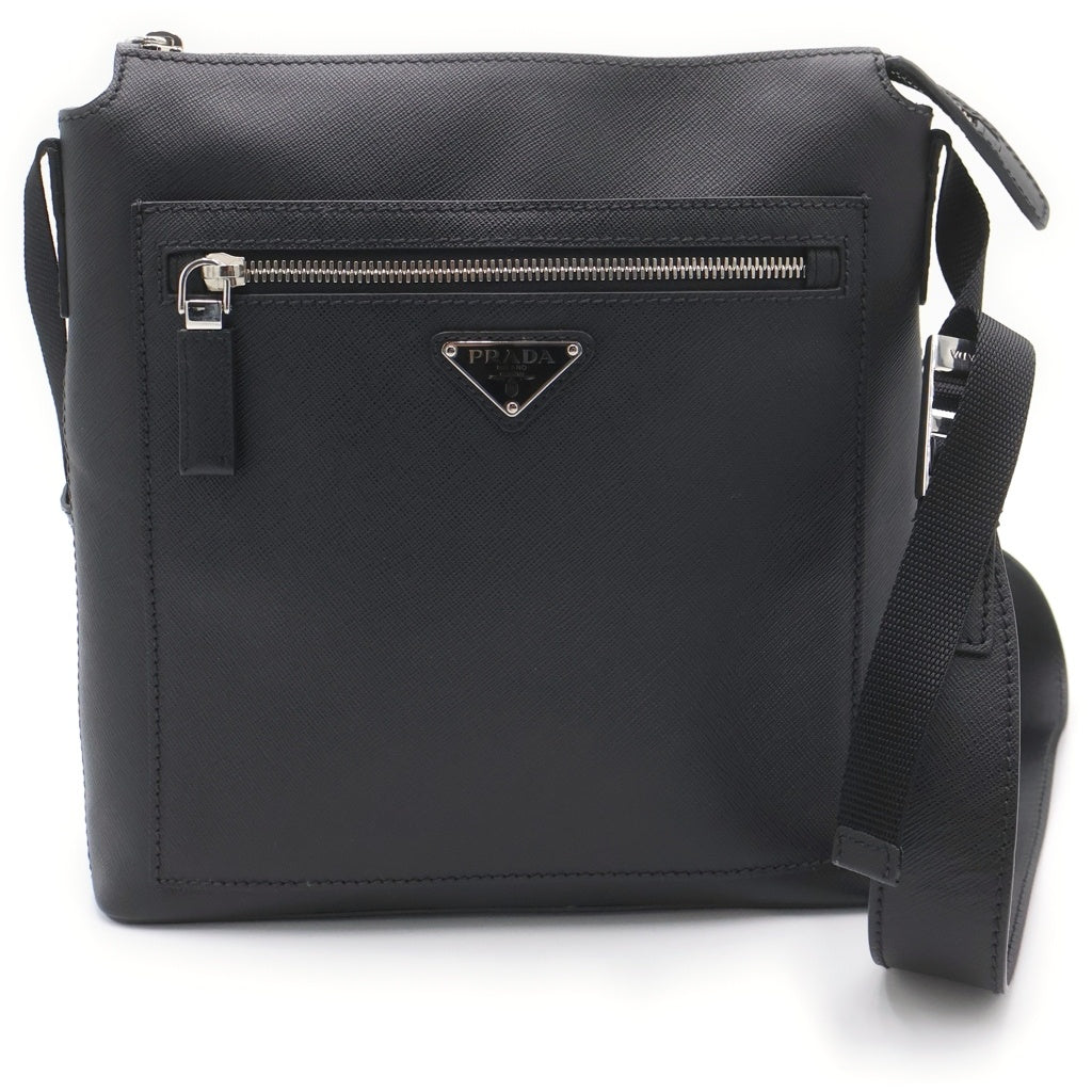 PRADA(プラダ) サフィアーノ ショルダーバッグ サコッシュ ブラック レザー 2VH062 シルバー金具 レディース