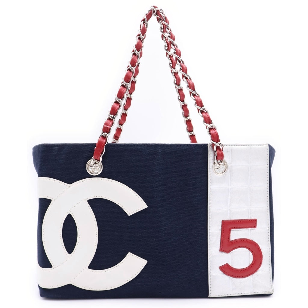 CHANEL(シャネル) No5 チョコバー チェーン トートバッグ ネイビー×シルバー キャンバス レディース