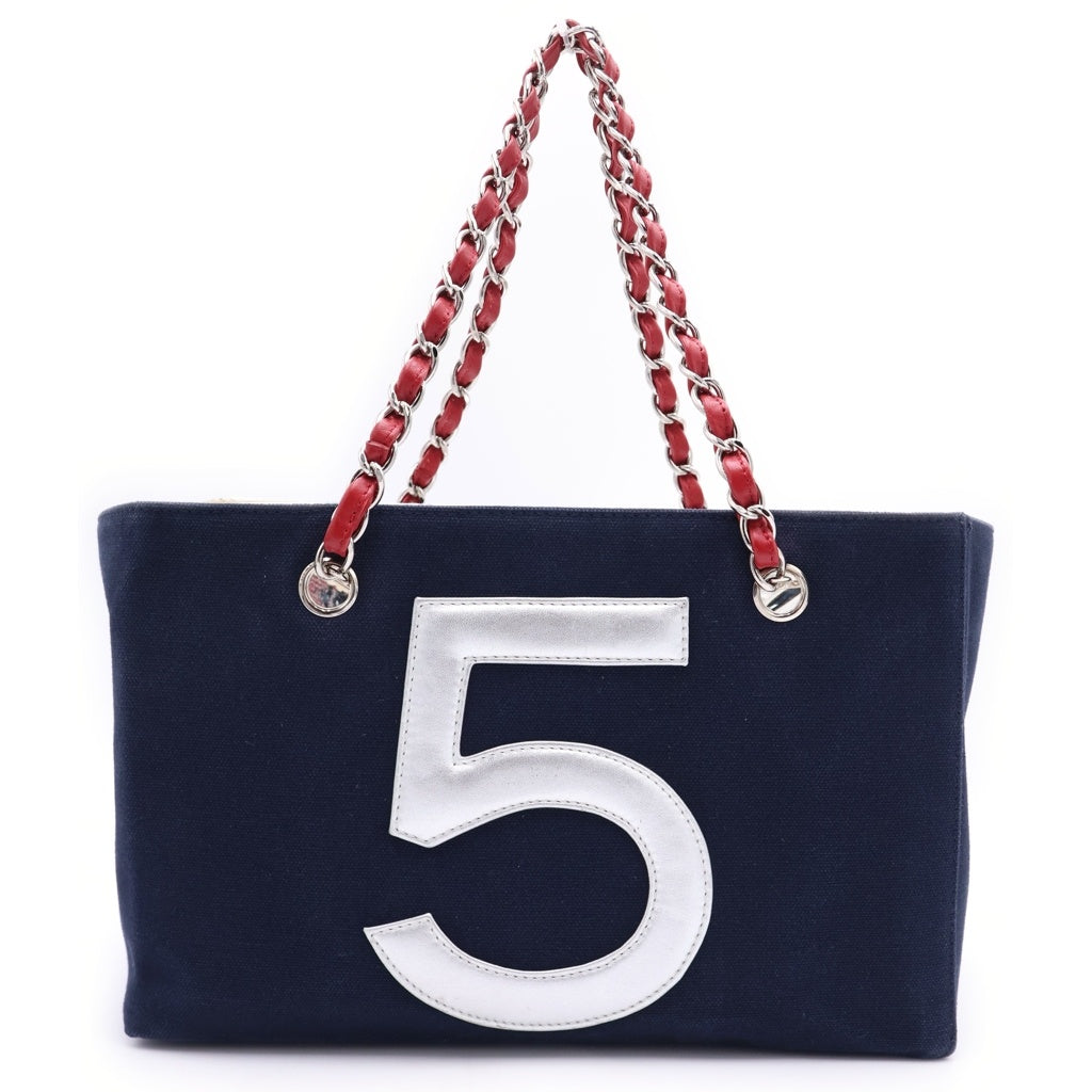 CHANEL(シャネル) No5 チョコバー チェーン トートバッグ ネイビー×シルバー キャンバス レディース
