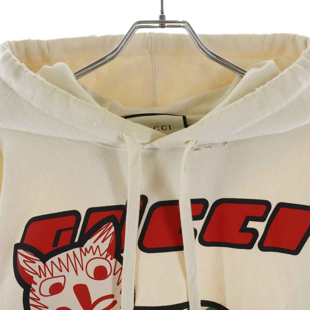 GUCCI(グッチ) キャットプリント ダメージパーカー フーディー ベージュ #S 634674 XJCVV