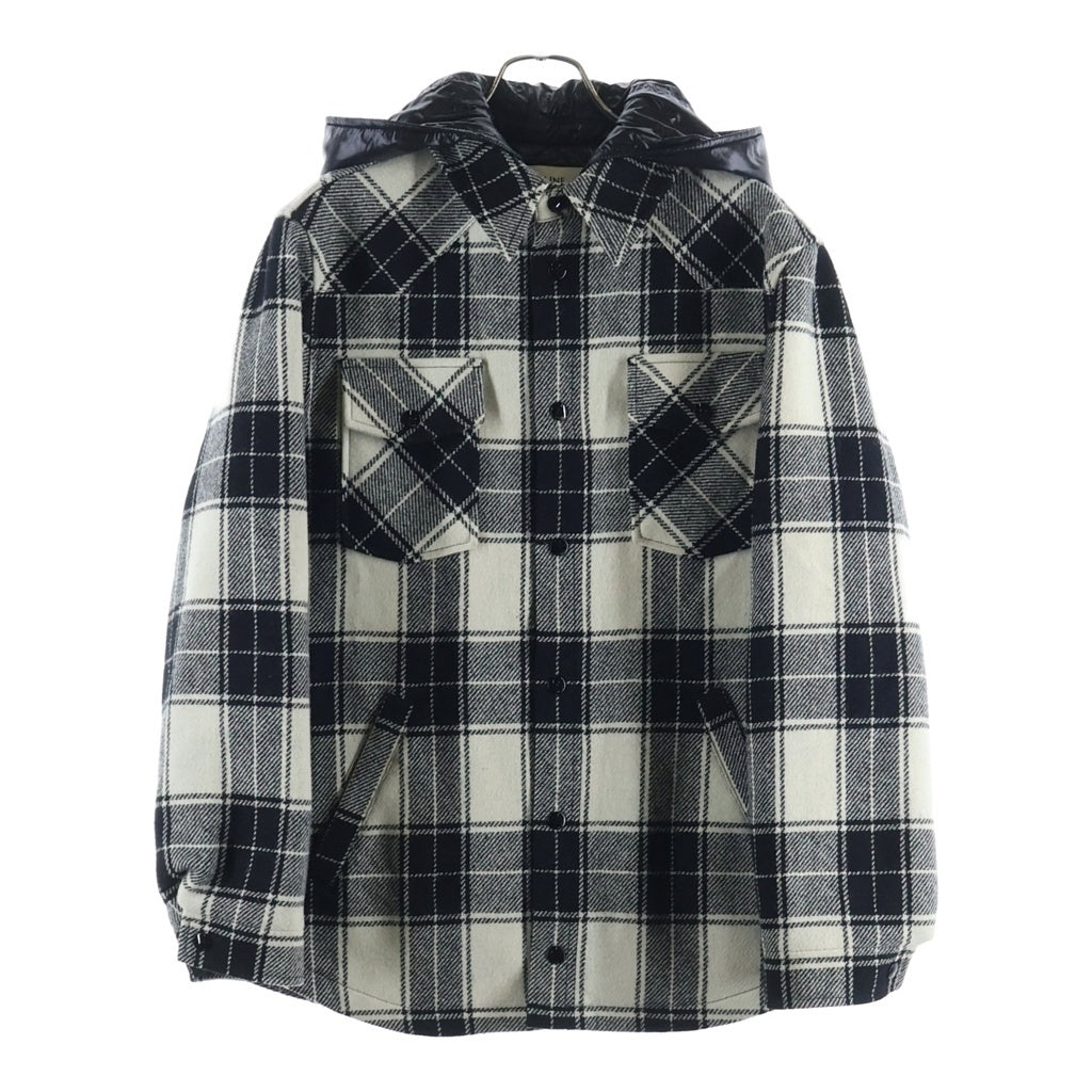 CELINE(セリーヌ) 21AW キルティング フランネルシャツ フーデッドロゴブルゾン フード付きジャケット ホワイト/ブラック 2W4100010