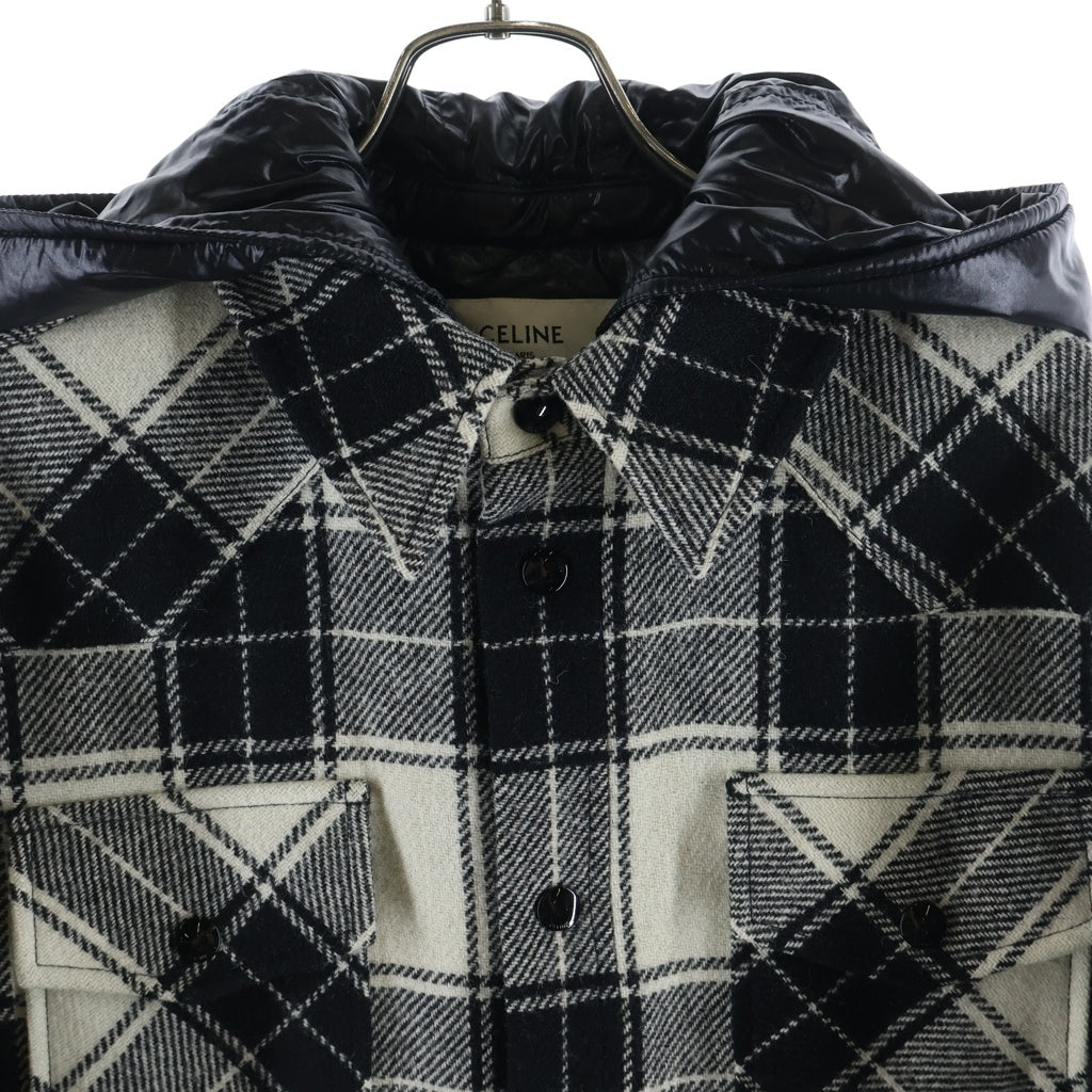 CELINE(セリーヌ) 21AW キルティング フランネルシャツ フーデッドロゴブルゾン フード付きジャケット ホワイト/ブラック 2W4100010