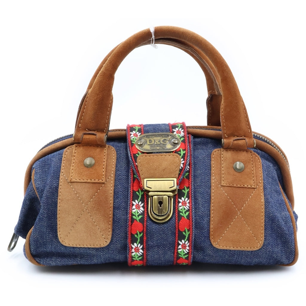 DOLCE & GABBANA(ドルチェアンドガッバーナ) フラワー刺繍 デニムハンドバッグ ミニバッグ インディゴブルー×ブラウン デニム×スエード ゴールド金具 レディース