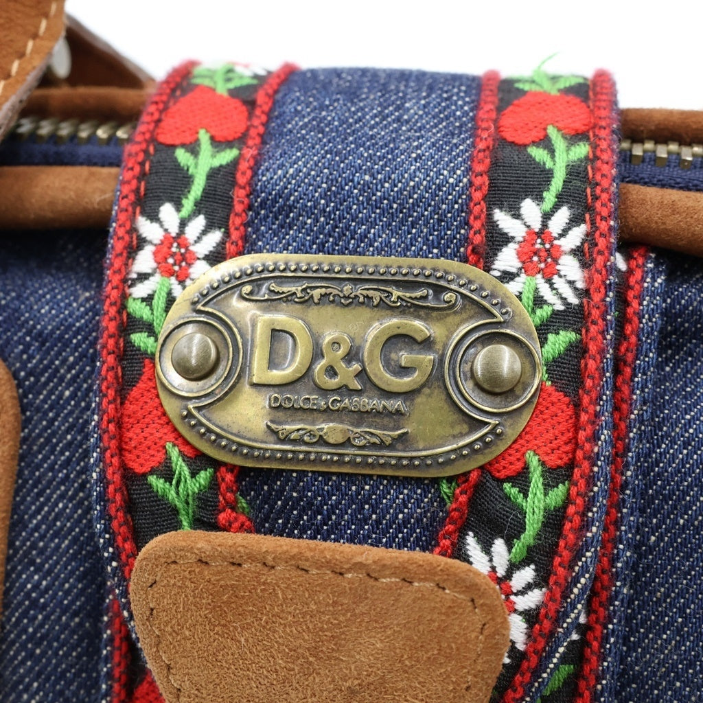 DOLCE & GABBANA(ドルチェアンドガッバーナ) フラワー刺繍 デニムハンドバッグ ミニバッグ インディゴブルー×ブラウン デニム×スエード ゴールド金具 レディース