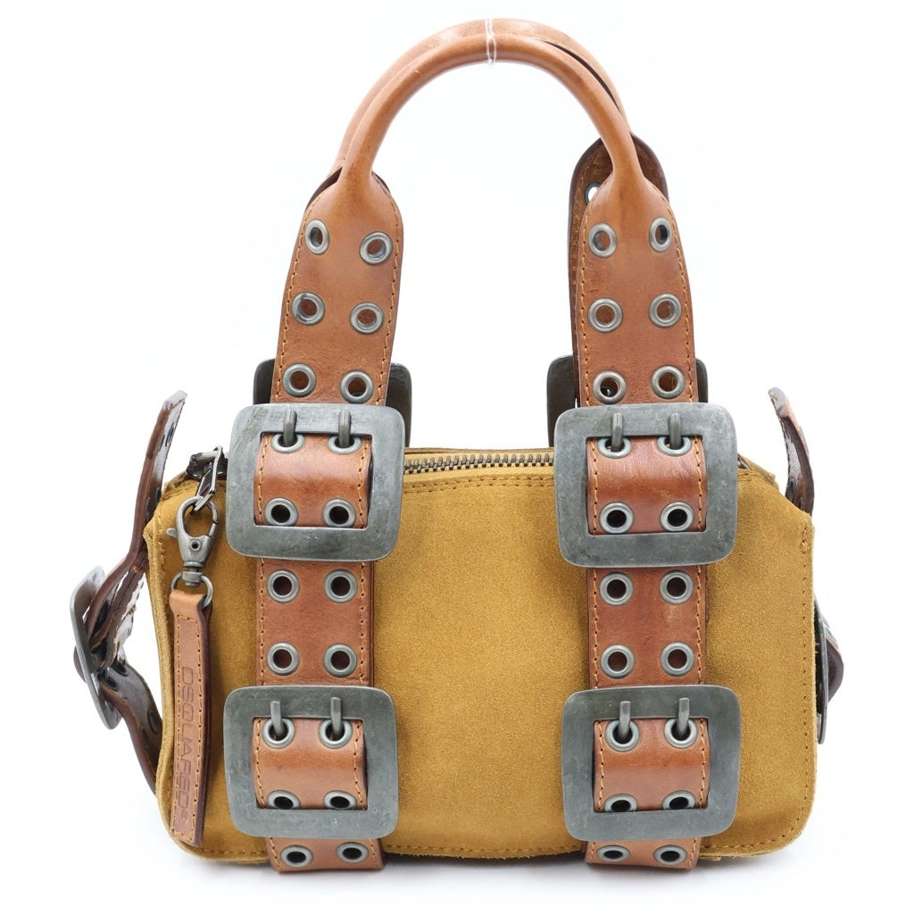 DSQUARED2(ディースクエアード) ベルトデザイン ハンドバッグ ブラウン レザー×スエード シルバー金具 レディース