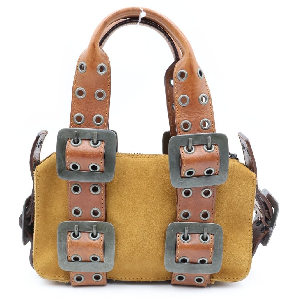 DSQUARED2(ディースクエアード) ベルトデザイン ハンドバッグ ブラウン レザー×スエード シルバー金具 レディース