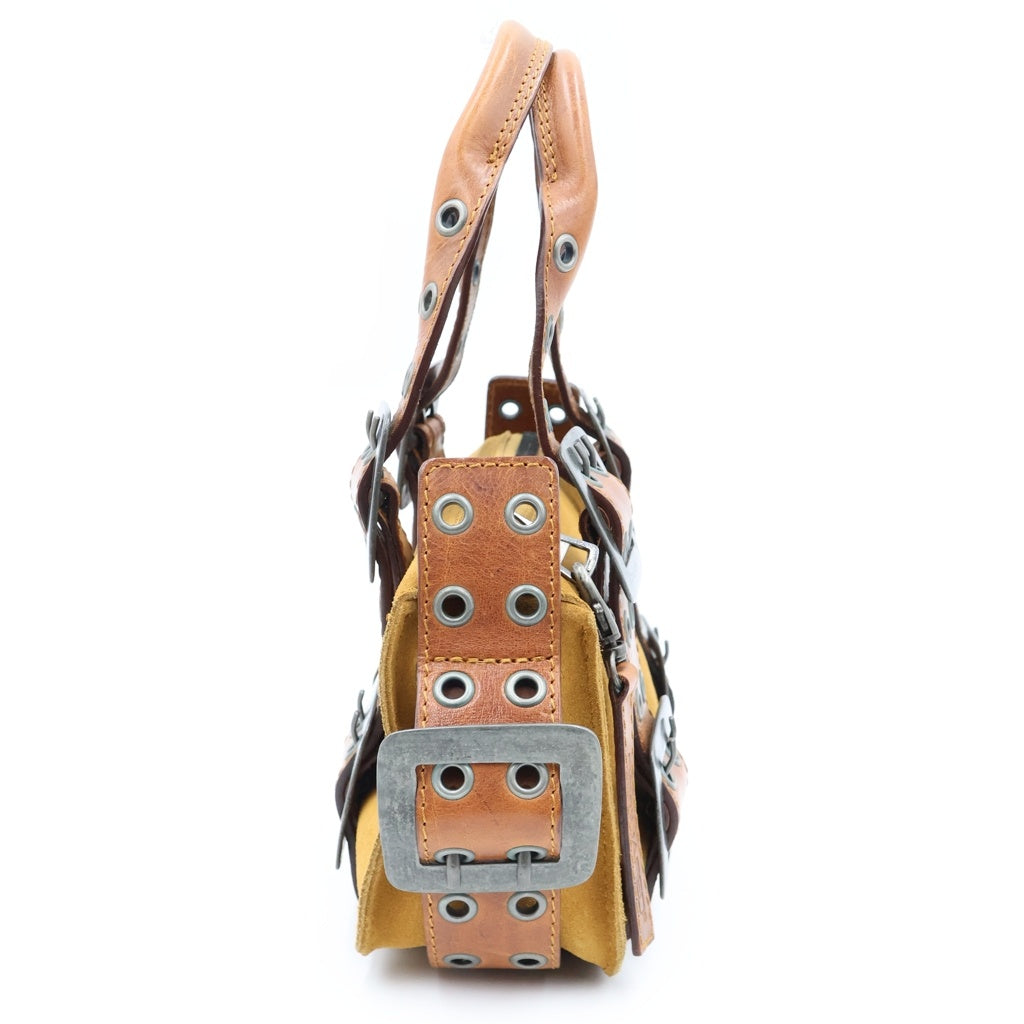DSQUARED2(ディースクエアード) ベルトデザイン ハンドバッグ ブラウン レザー×スエード シルバー金具 レディース