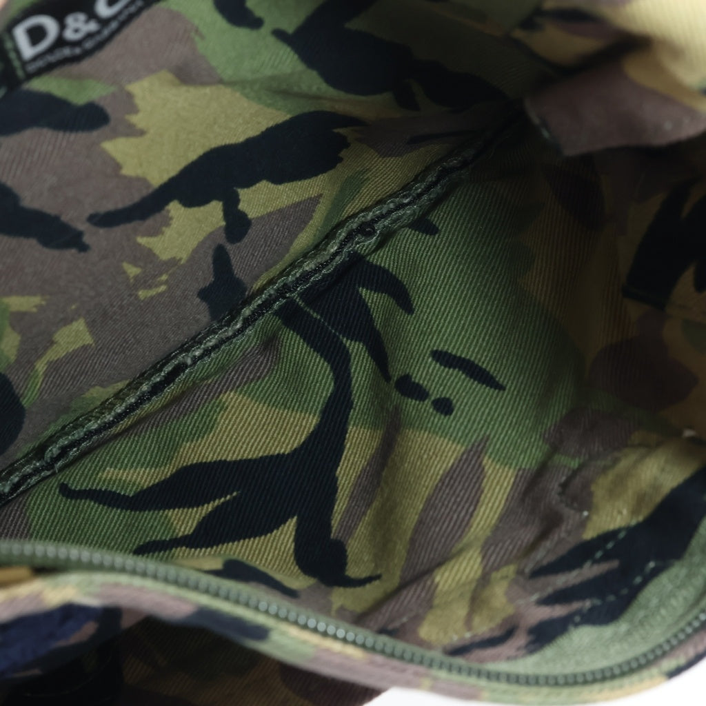 DOLCE & GABBANA(ドルチェアンドガッバーナ) カモフラ 迷彩総柄 ワッペンロゴ フェザー スパンコール キャンバス デニム ショルダーバッグ サコッシュ カーキ/インディゴ レディース
