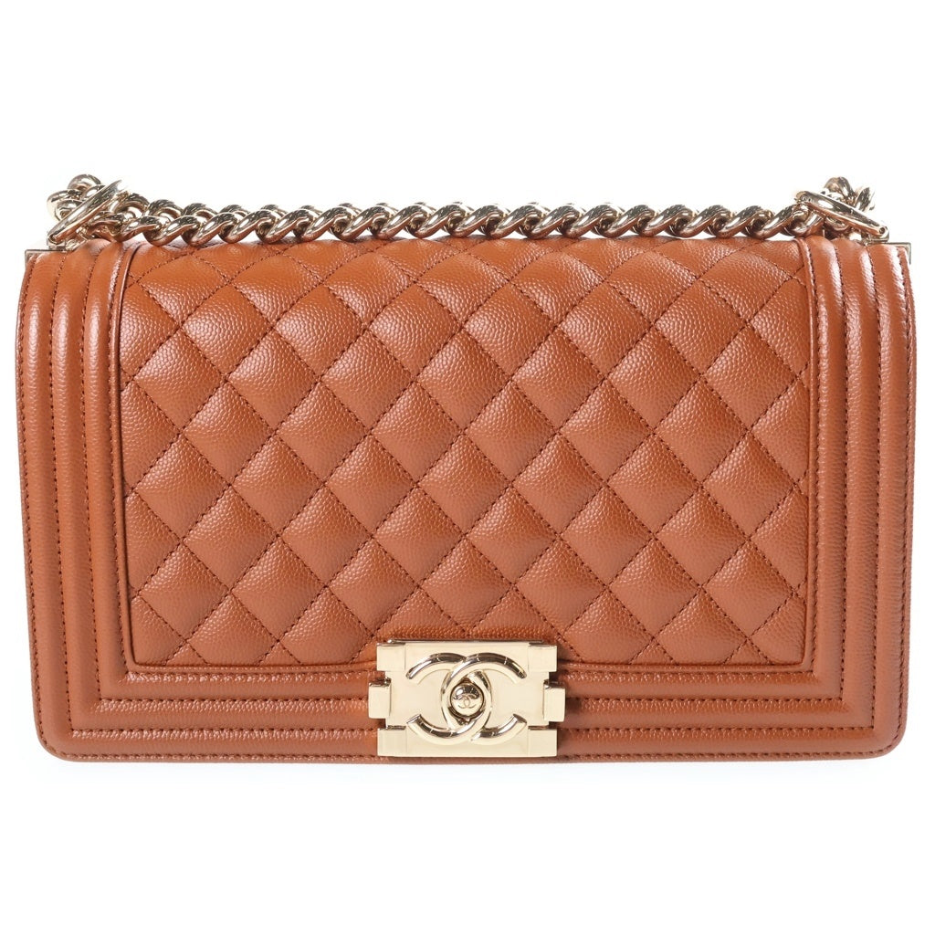 CHANEL(シャネル) ボーイシャネル ミディアム チェーンショルダーバッグ ブラウン キャビアスキン ゴールド金具 シリアルプレート レディース