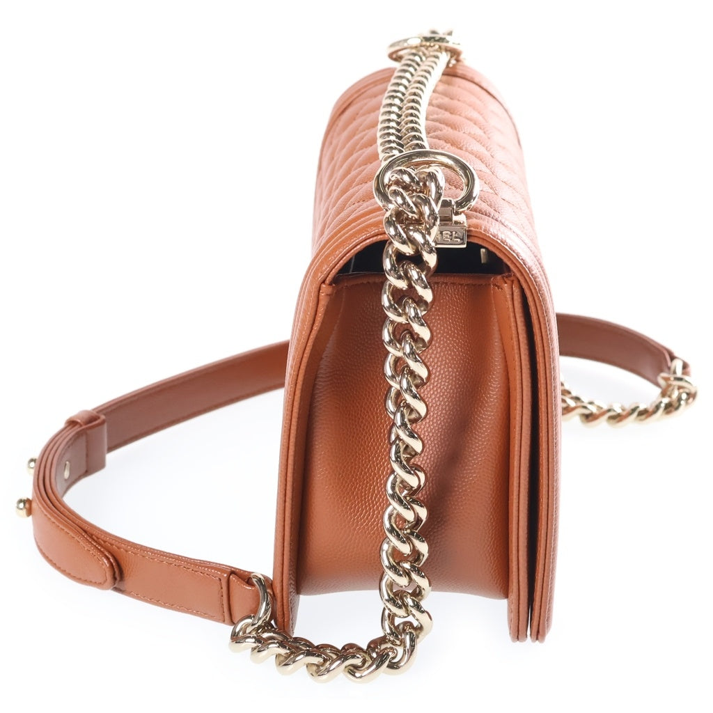 CHANEL(シャネル) ボーイシャネル ミディアム チェーンショルダーバッグ ブラウン キャビアスキン ゴールド金具 シリアルプレート レディース