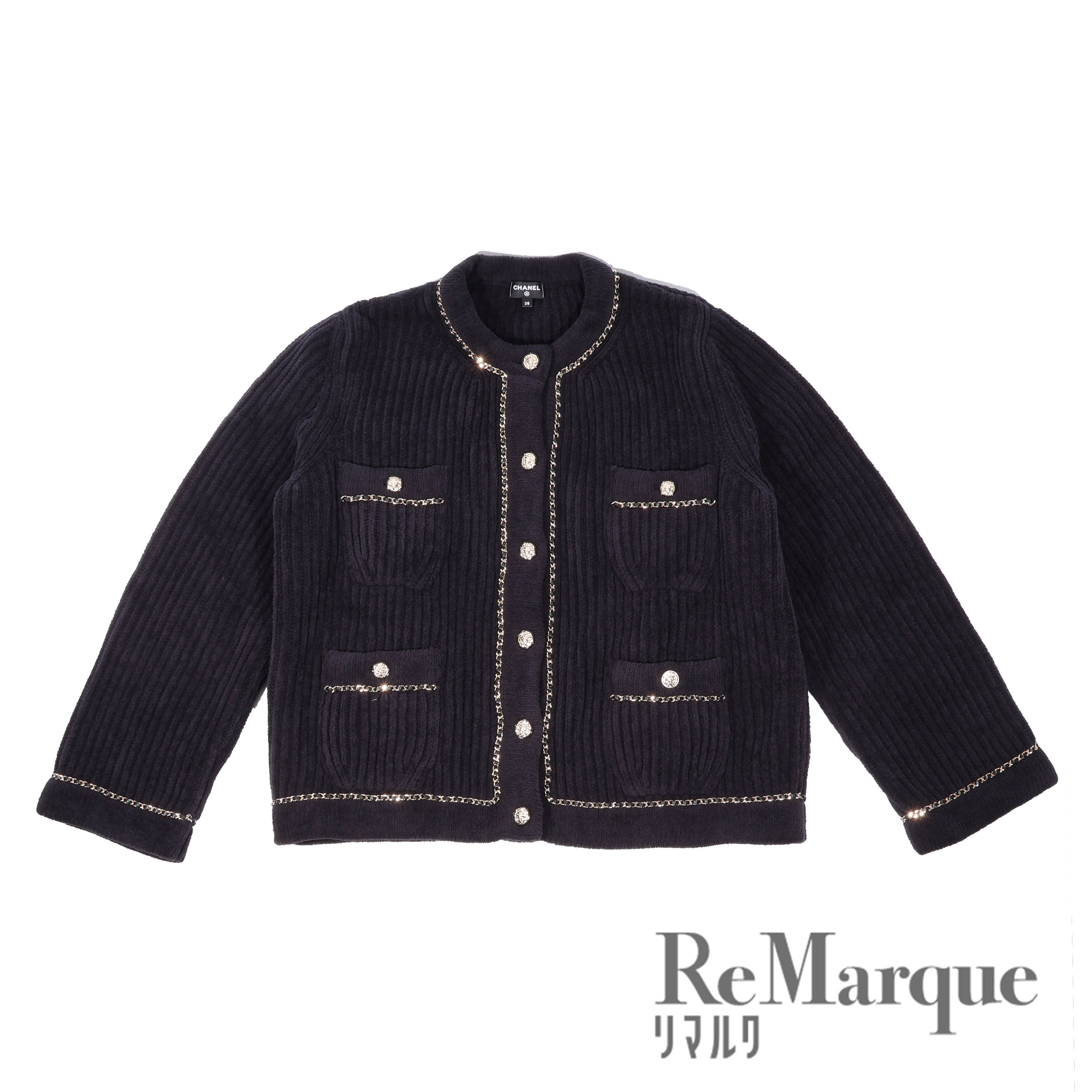 CHANEL(シャネル) 22AW ノーカラージャケット ミックスファイバー ライオンボタン ブラック ナイロン ＃38 P73520K10560