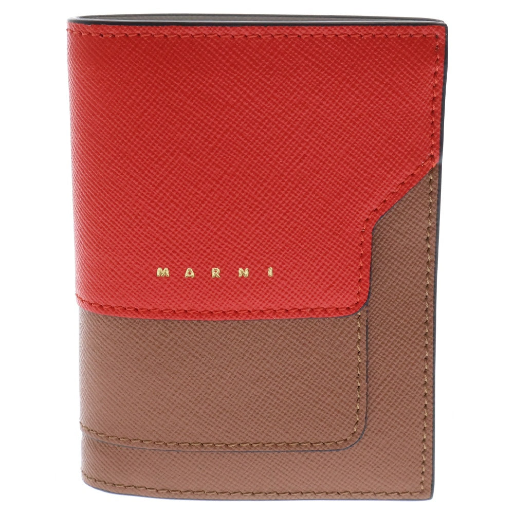 MARNI(マルニ) 二つ折り財布 ブラウン×レッド レザー コンパクトウォレット コインケース カードケース