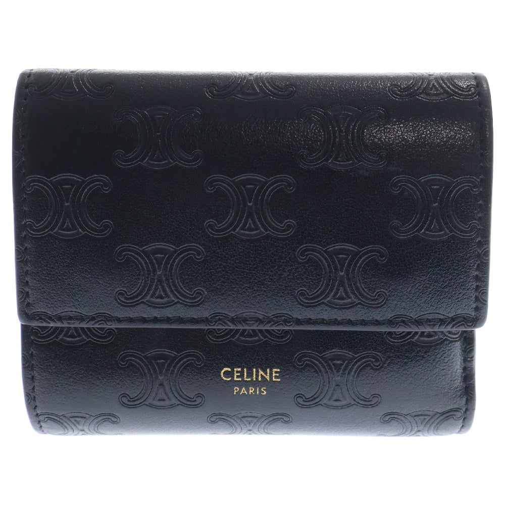 CELINE(セリーヌ) トリフォールド スモール 三つ折り財布 コンパクトウォレット ブラック レザー コインケース