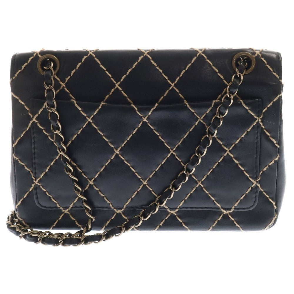 CHANEL(シャネル) ワイルドステッチ チェーンショルダーバッグ 斜め掛けバッグ 肩掛けバッグ ブラック ゴールド金具 レザー カーフ ヴィンテージ