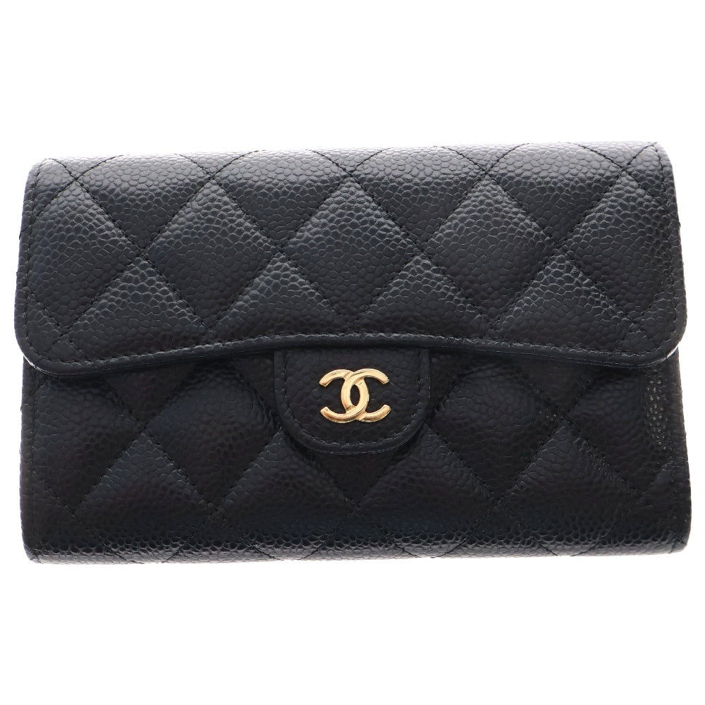 CHANEL(シャネル) マトラッセ 三つ折り財布 ロングフラップウォレット ブラック キャビアスキン ゴールド金具