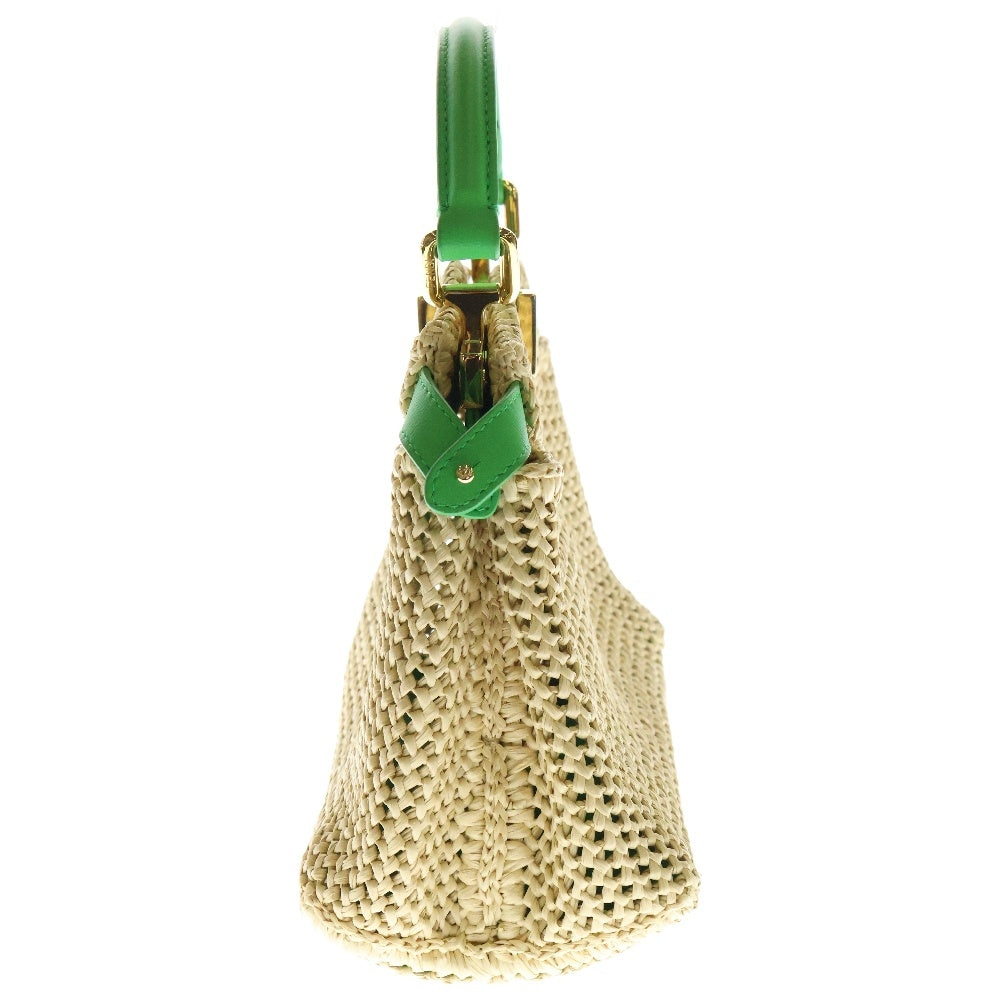 FENDI(フェンディ) ピーカブー 2WAY レザー切替 ラフィア ハンドバッグ ショルダーバッグ ベージュ×グリーン 8BN244